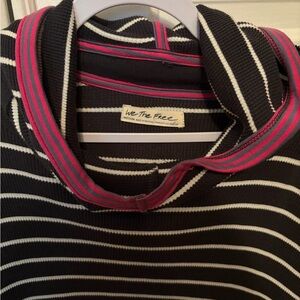 We The Free Black and White Striped Top with Pink Trim